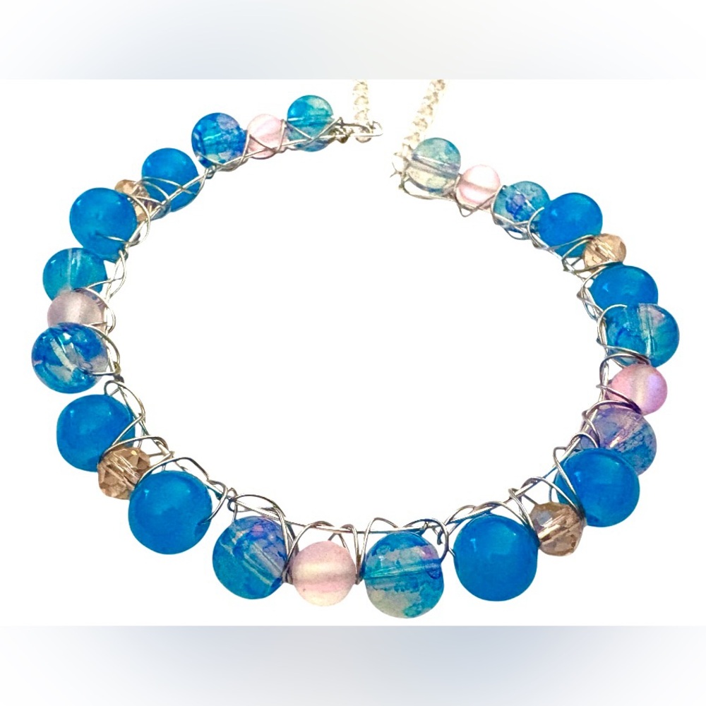 Hand Wired Bracelet with Cotton Candy Stained Glass Beads and Crystals